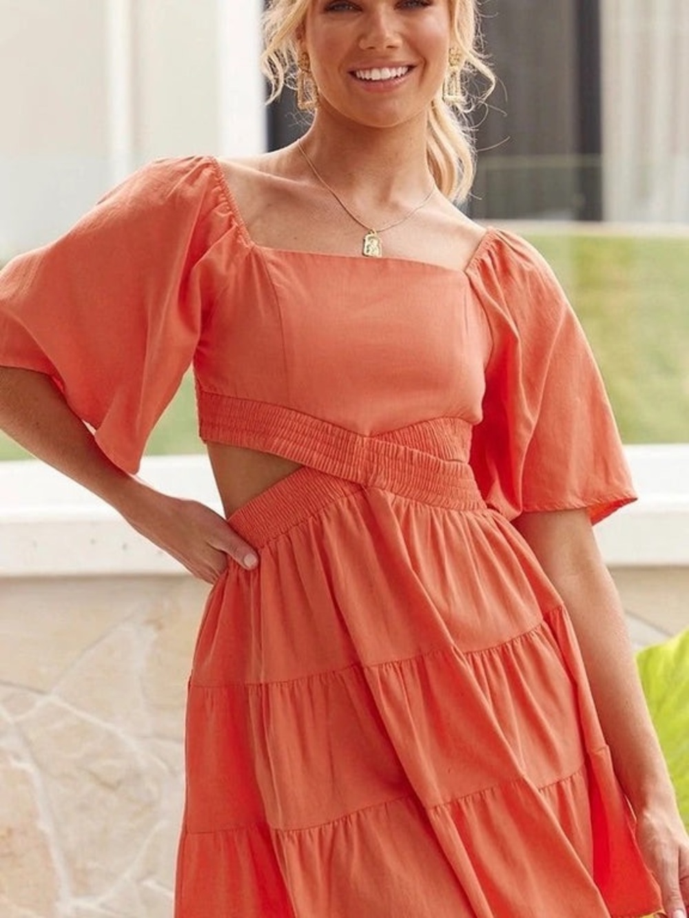 Shy Velvet Coral Tiered Mini Dress NWT Size M Square Neck Summer